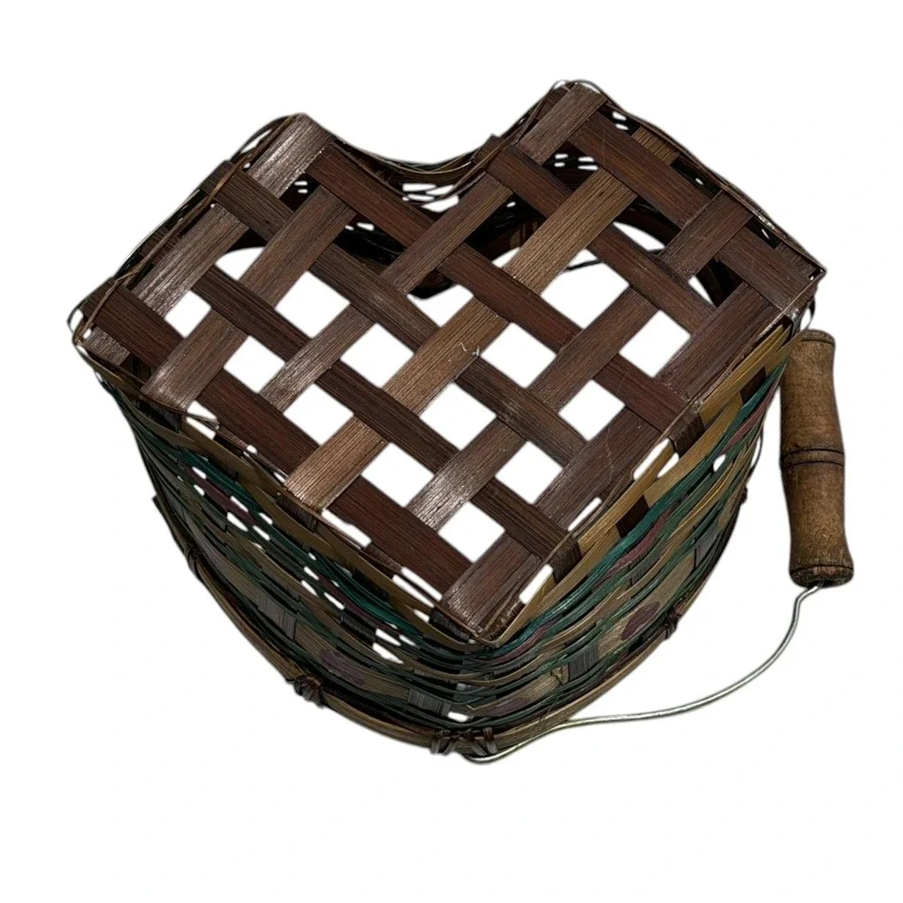 Vintage Heart Shaped Woven Basket Wood Handle Primitive Farmhouse Cottage Decor